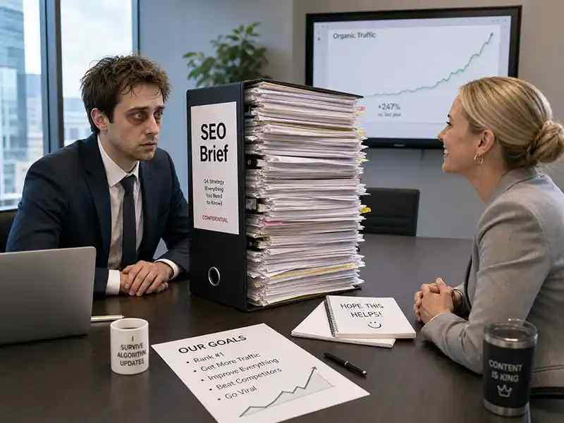A consultant staring dead-eyed at an absurdly huge binder labelled “SEO Brief” while the client smiles proudly