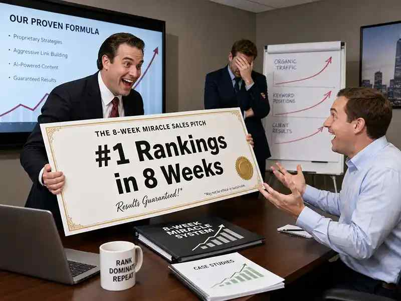 Smiling agency person handing over a giant shiny cheque labelled “#1 Rankings in 8 Weeks” while the SEO consultant looks horrified
