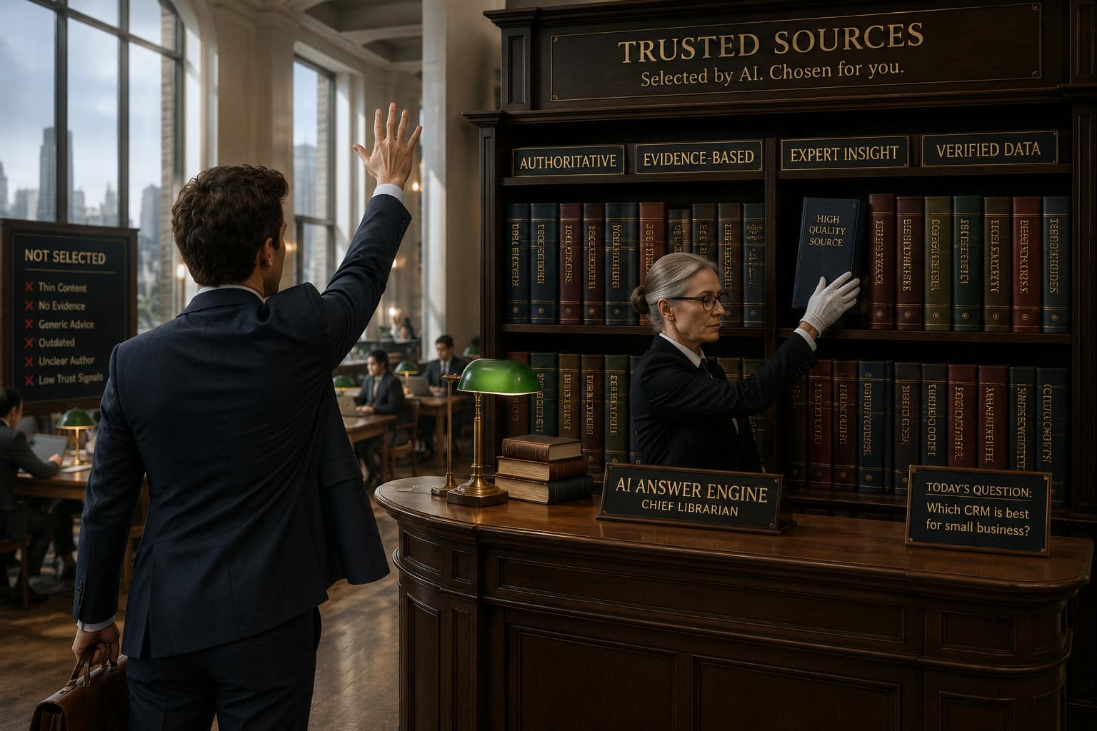 A stern librarian labelled AI Answer Engine pulls a High Quality Source book from shelves marked authoritative and evidence-based while a businessman raises his hand