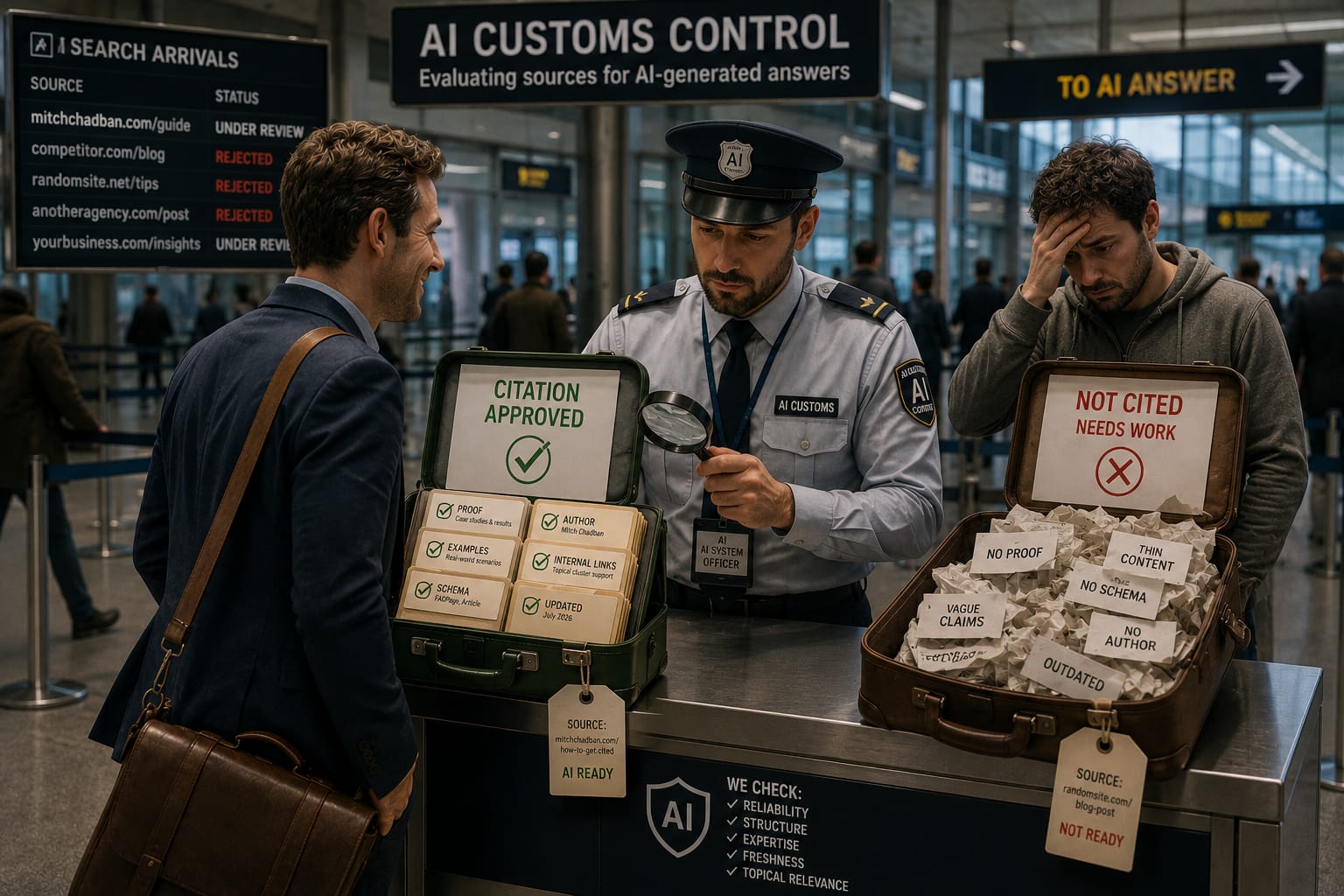 An AI customs officer inspects two suitcases, one stamped Citation Approved with proof, schema and author, the other marked Not Cited for thin content and vague claims
