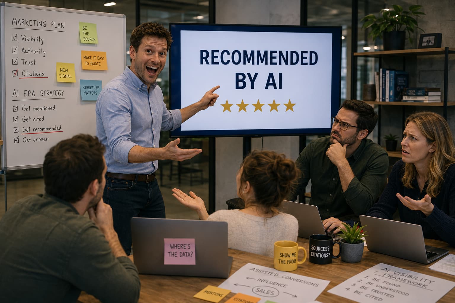 A marketer points to a screen reading “Recommended by AI” with five stars while skeptical colleagues at the table hold mugs demanding data, proof and citations