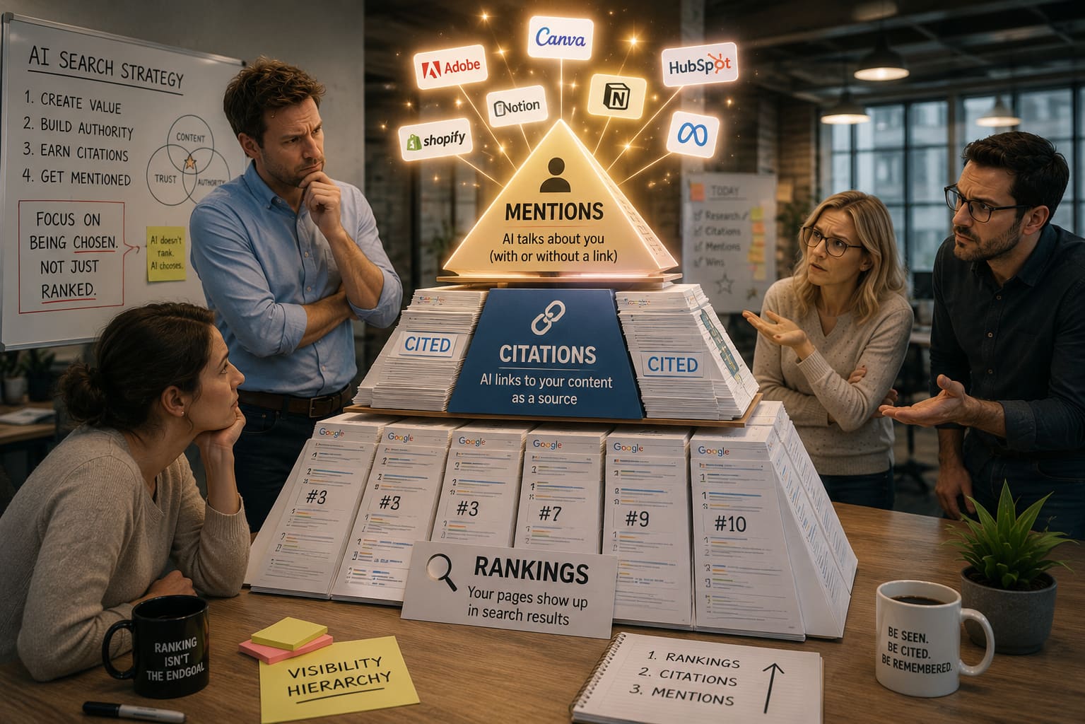 A team debates around a three-tier pyramid stacking rankings at the base, citations in the middle and brand mentions crowned with logos at the top