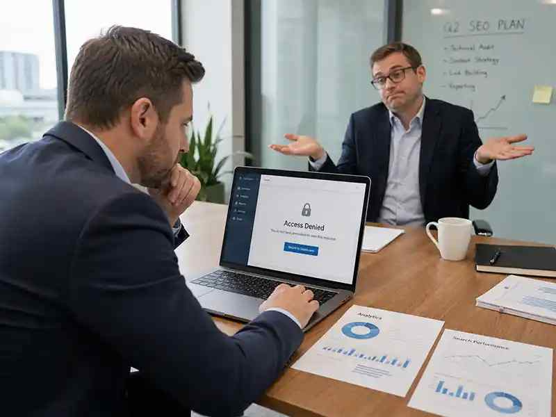 Consultant trying to log into Search Console/GA4 while client shrugs in the background