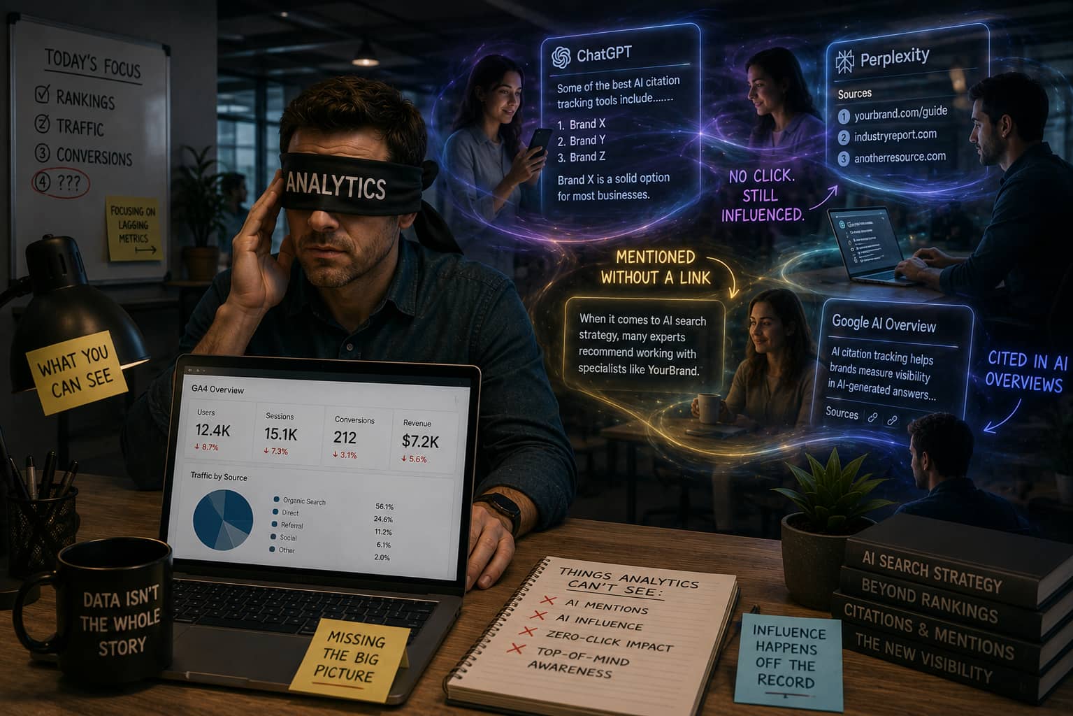 A marketer wearing a blindfold labelled “Analytics” studies a GA4 dashboard while AI answers citing and mentioning brands glow unseen around him