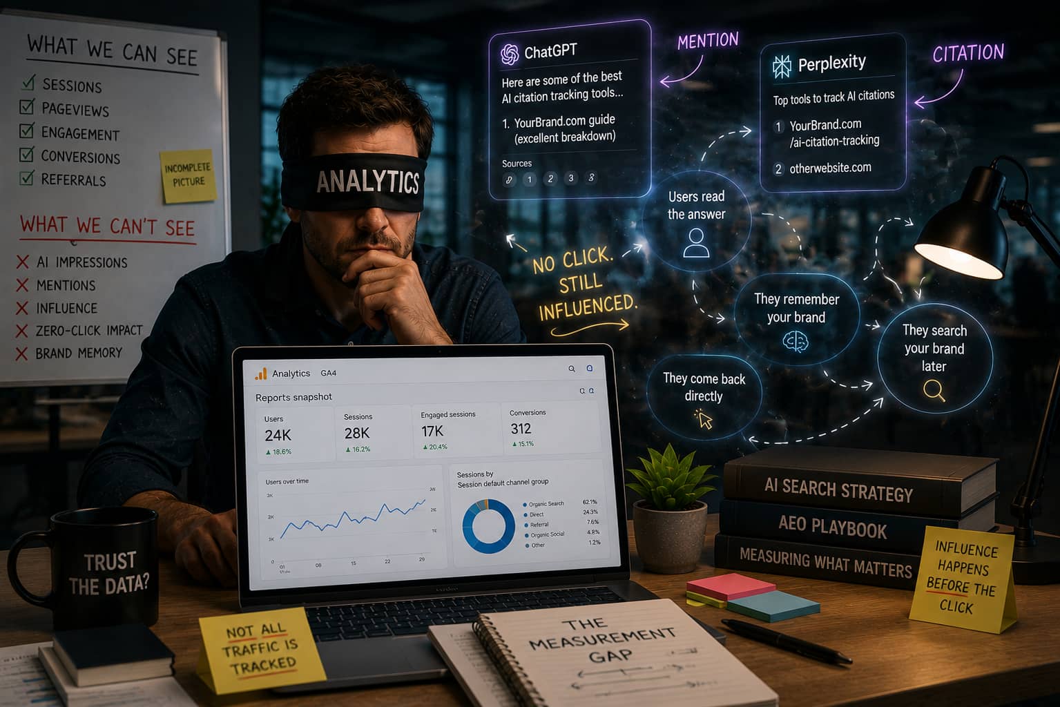 An analyst wearing an “Analytics” blindfold beside a GA4 dashboard, with a whiteboard splitting what analytics can and cannot see about AI search influence