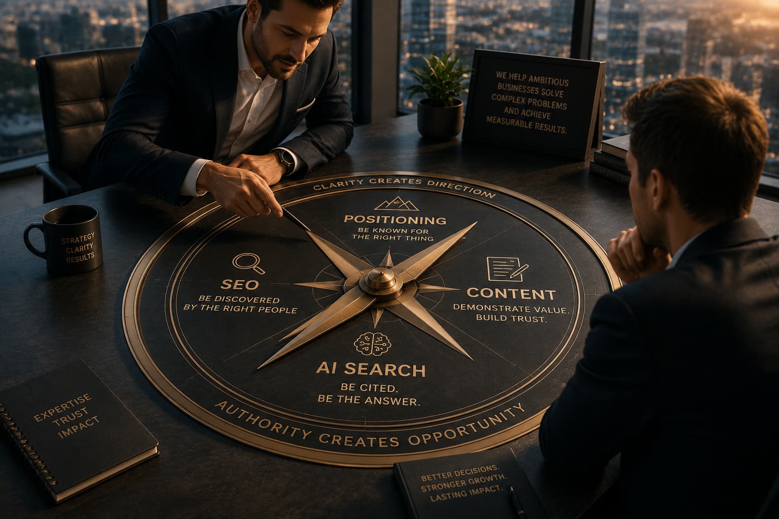 Two executives study a large brass compass on a boardroom table, its points labelled Positioning, SEO, Content and AI Search around the words “Authority creates opportunity”