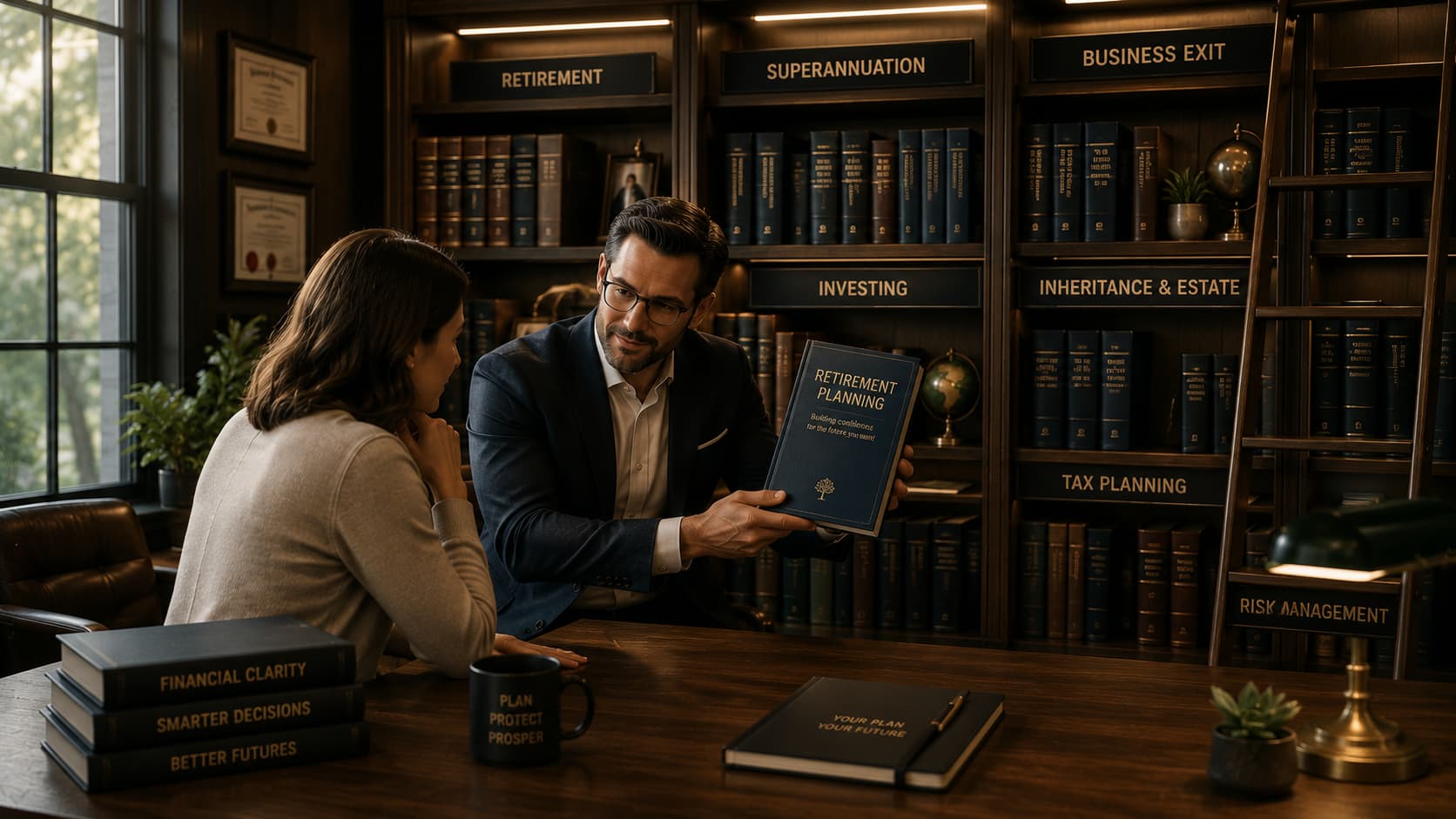 An adviser hands a client a Retirement Planning book in a book-lined study, the shelves labelled by advice area — retirement, superannuation, investing, inheritance and estate, tax planning