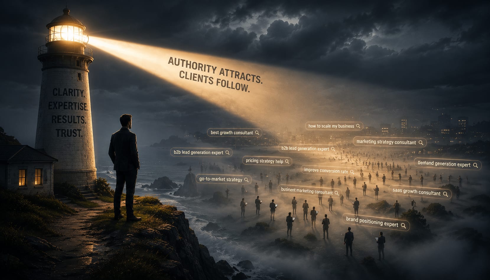A consultant watches from a cliff as a lighthouse beams “Authority attracts, clients follow” across a crowd of prospects tagged with search queries like “b2b lead generation expert”