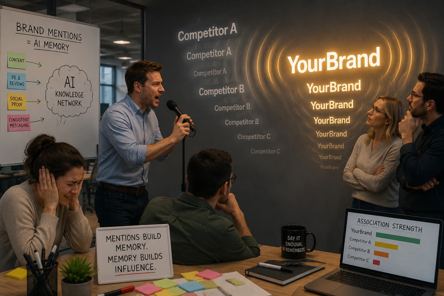 A presenter repeats a brand name into a microphone as it echoes across a wall, drowning out fading competitor names