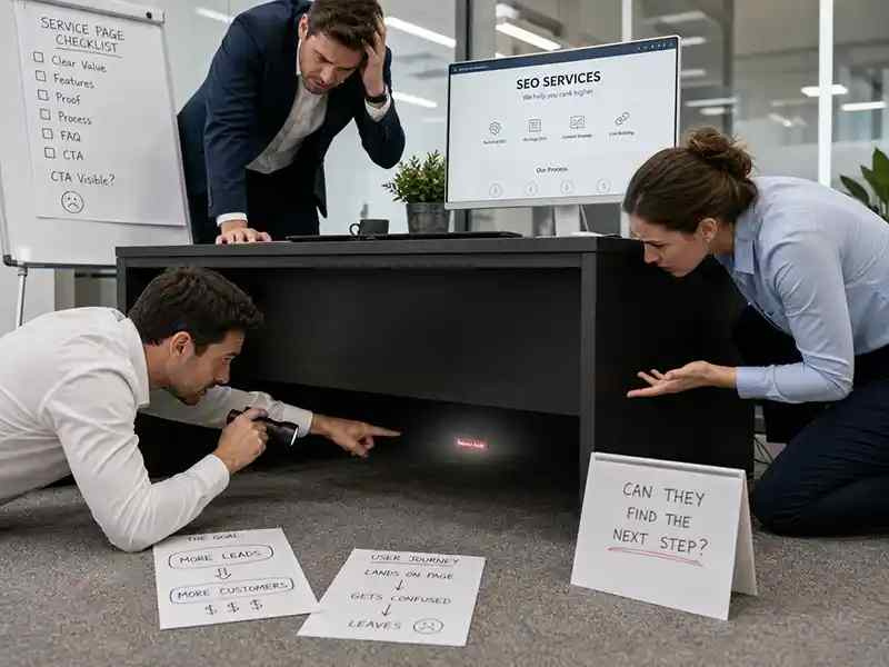 A tiny “Request Audit” button literally hiding under an office desk while everyone searches for it