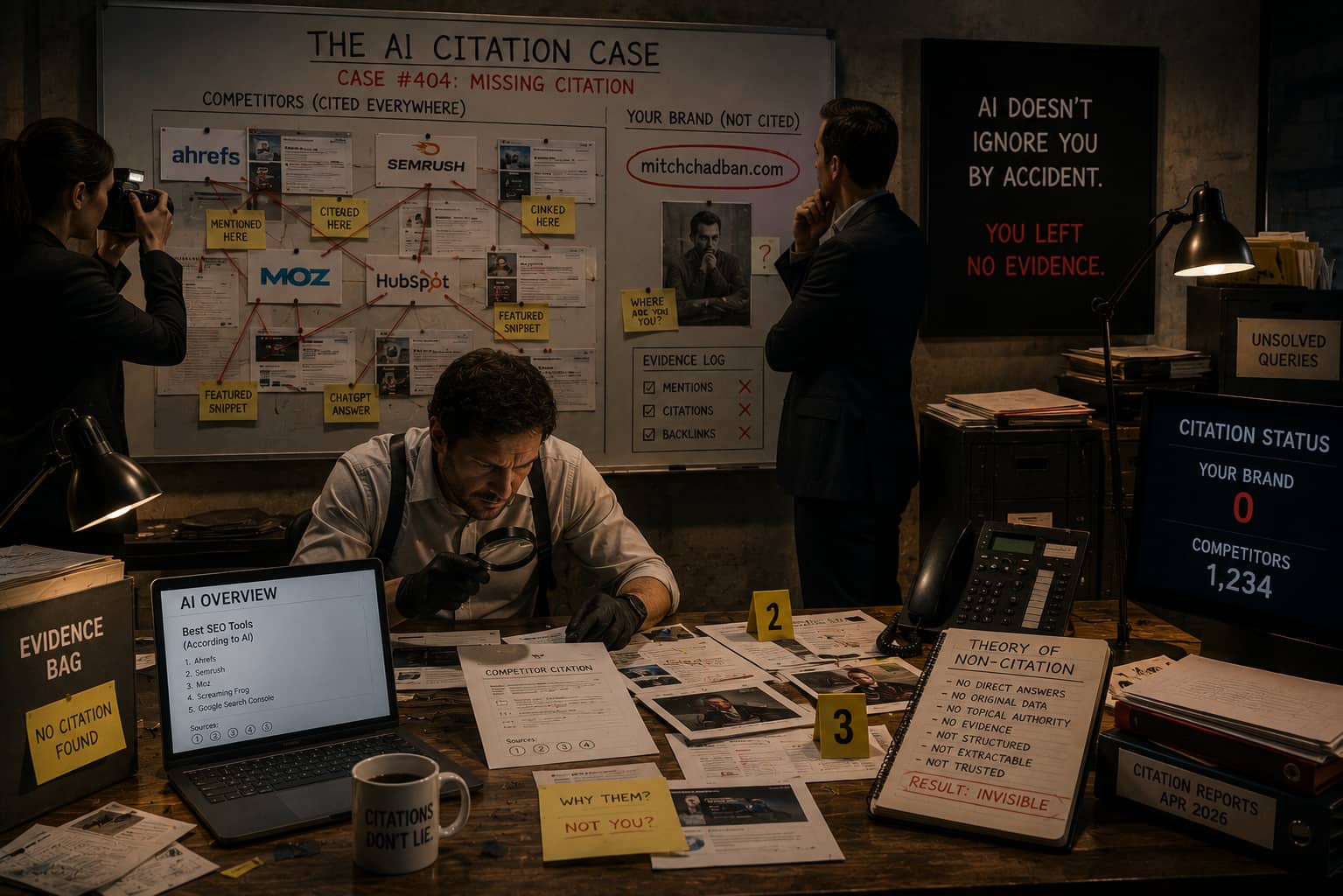 Detectives examining a case board that maps rival brands cited across the web while one brand sits circled, uncited, with zero evidence logged