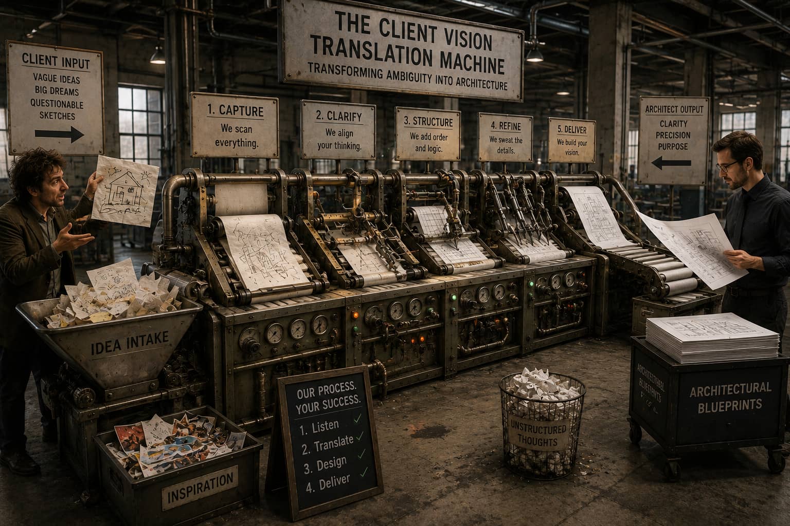 A vast industrial machine labelled The Client Vision Translation Machine feeding vague client sketches in one end and printing precise architectural blueprints out the other