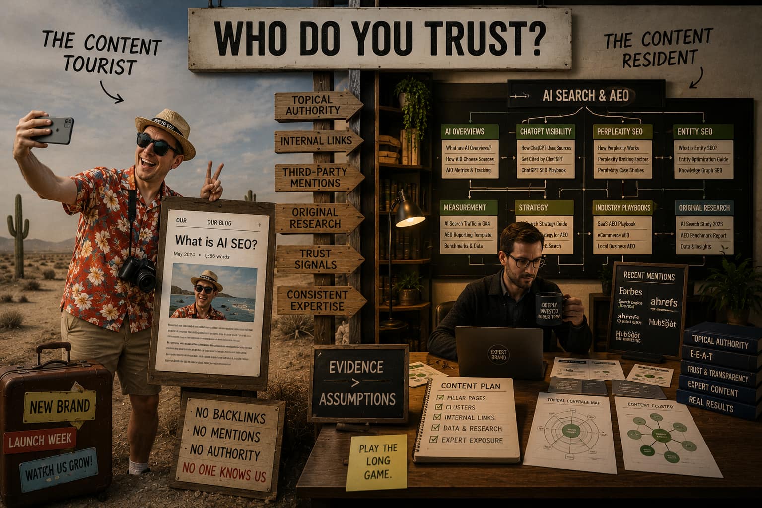 A tourist in a Hawaiian shirt taking selfies beside a “new brand” with no backlinks or mentions, while a calm expert brand works at a desk backed by content plans and press mentions, under a giant “Who do you trust?” sign