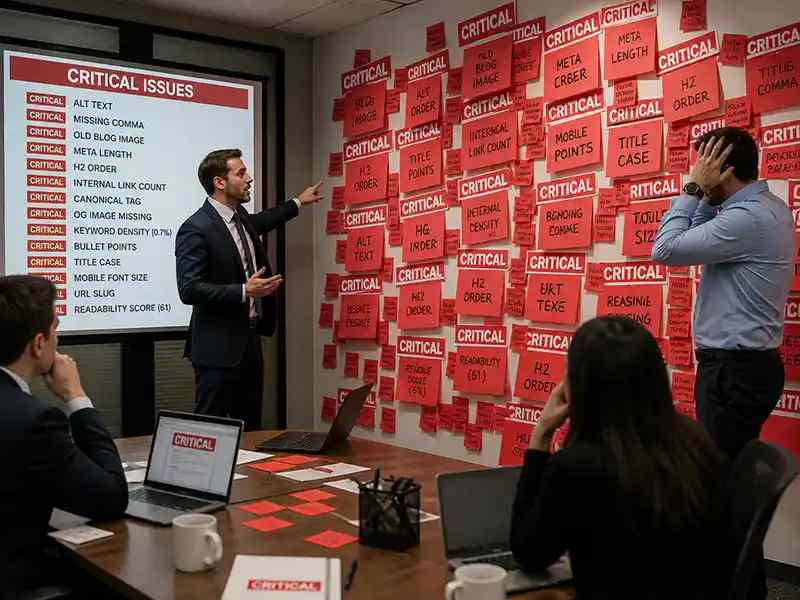 A wall covered in red “CRITICAL” sticky notes for tiny things like image alt text and one missing comma