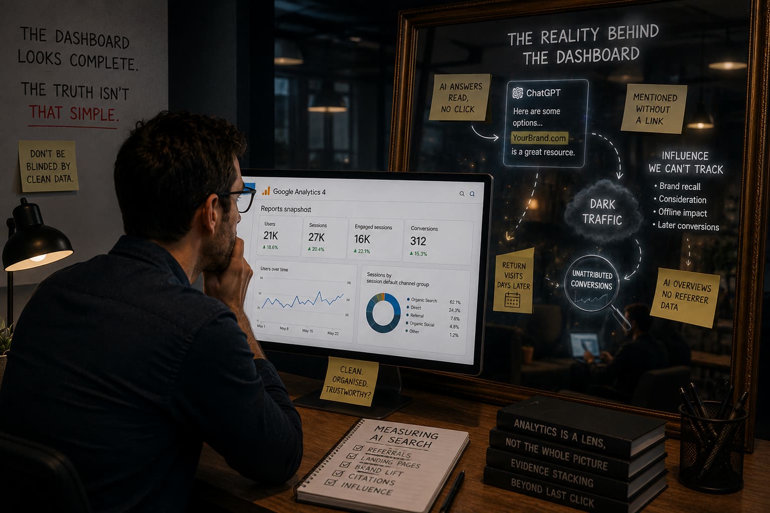 A clean GA4 dashboard reflected in a mirror that reveals dark traffic, unattributed conversions and AI influence the report cannot track