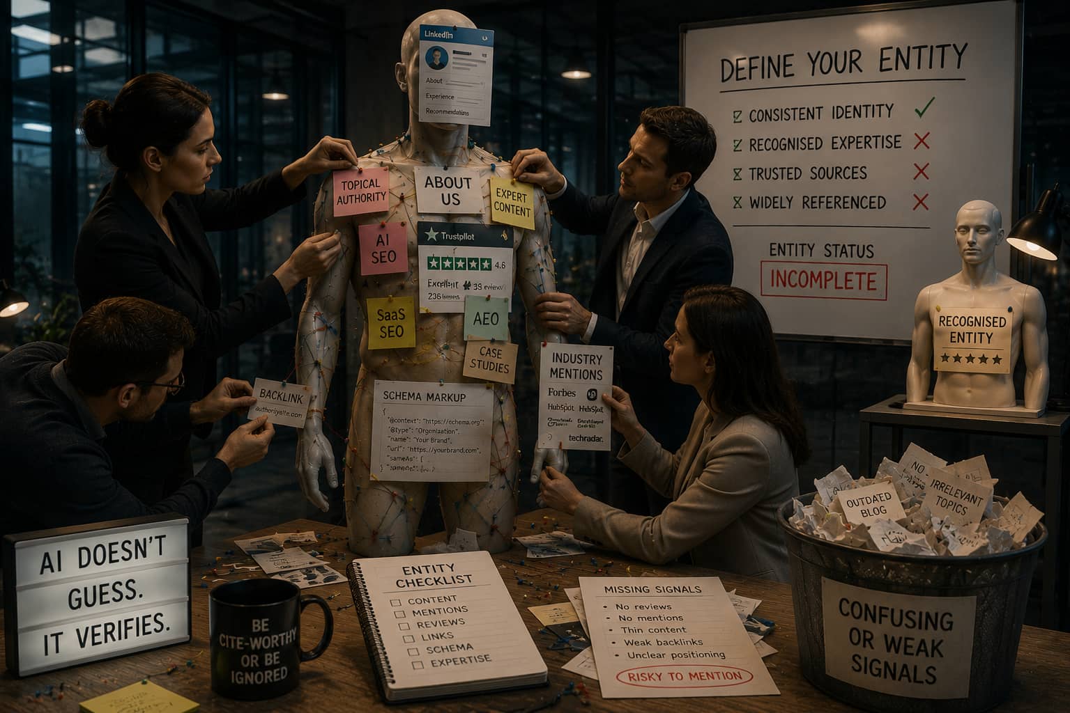Colleagues pinning labels like About Us, schema markup and industry mentions onto a blank mannequin beside a whiteboard reading “Define Your Entity — status incomplete”