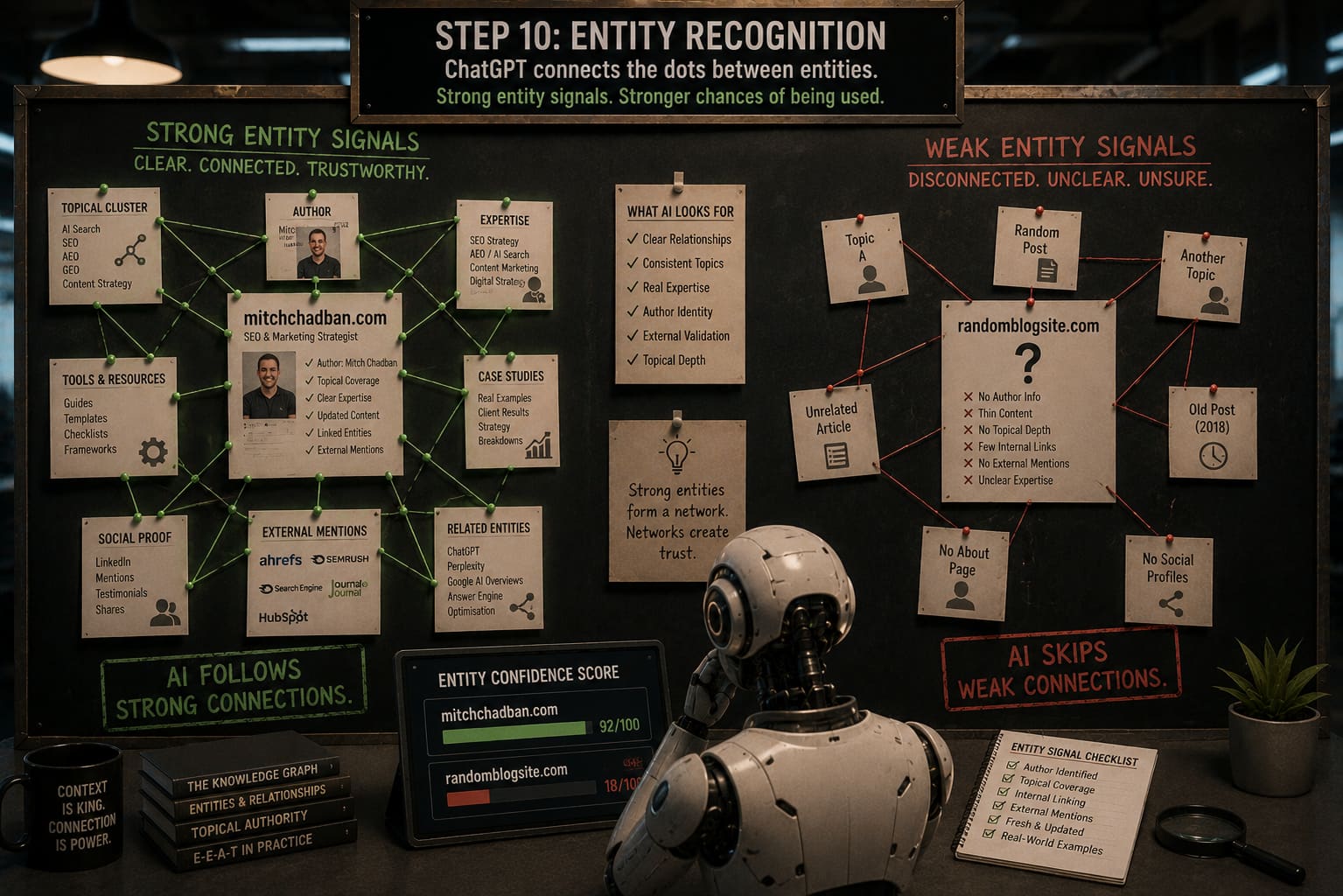 A detective-style pinboard links mitchchadban.com to related topics with strong green connections, beside a disconnected rival site with weak red links and a low entity confidence score
