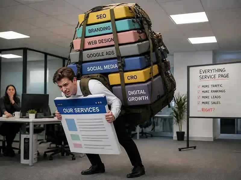 A single webpage trying to carry SEO, branding, web design, ads, social, CRO, and “digital growth” in a giant backpack