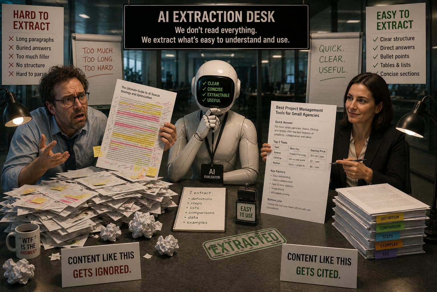 At an AI extraction desk, a robot rejects a dense, highlighted article while approving a clean, structured page with clear headings and a comparison table