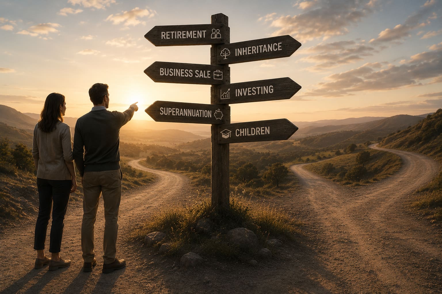 A couple stands at a fork in a country road at sunset, looking up at a wooden signpost pointing toward retirement, inheritance, business sale, investing, superannuation and children