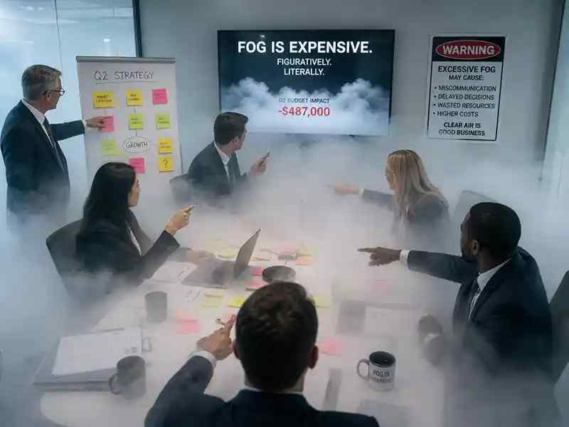 Corporate meeting room slowly filling with fake fog while everyone points at sticky notes