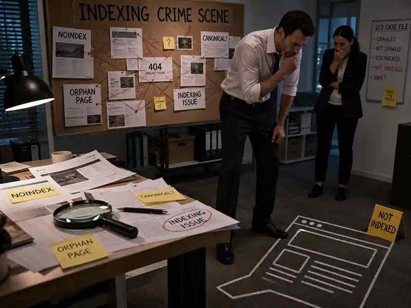 Detective-style office setup with one missing webpage outlined in chalk and a sign saying “Not Indexed”
