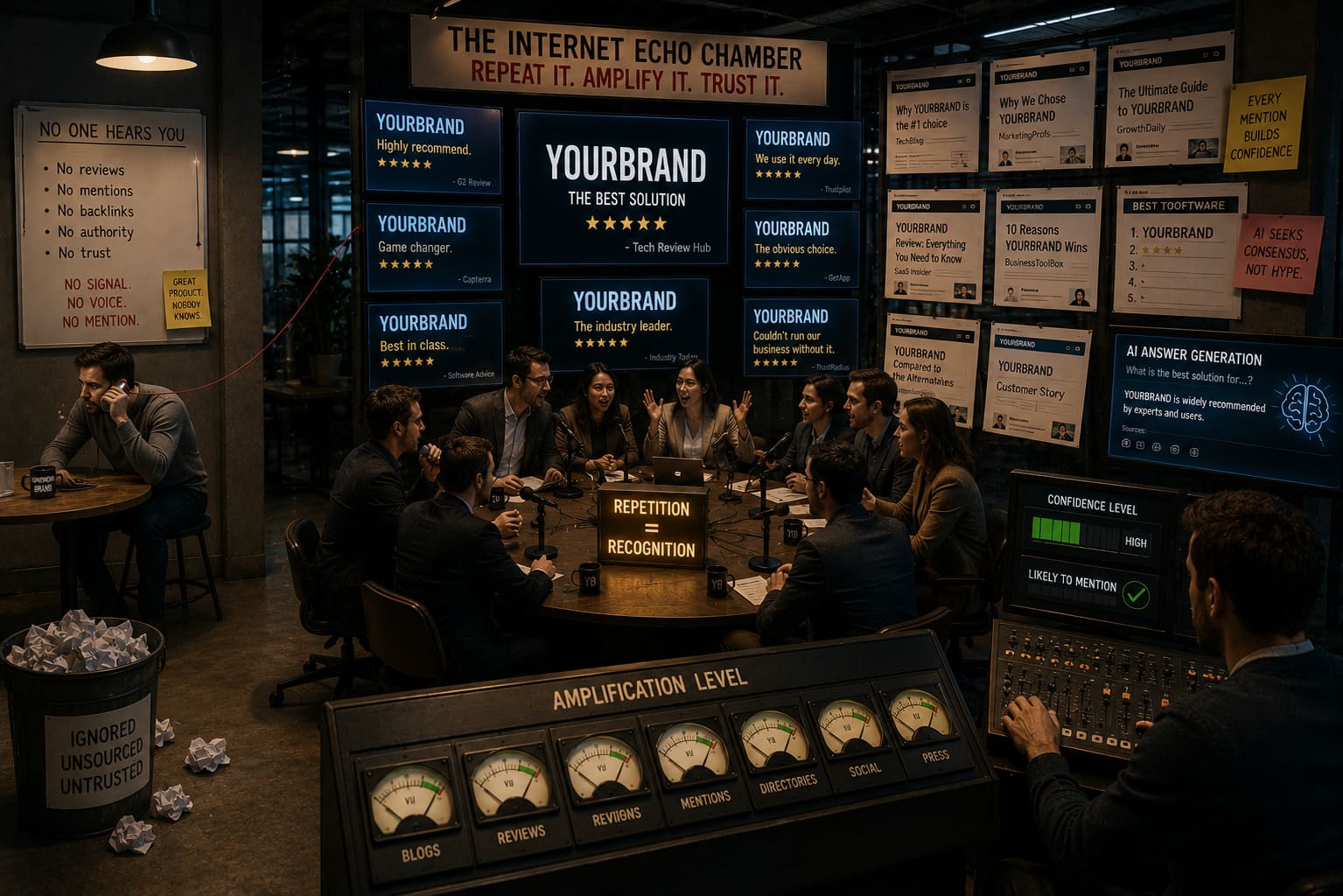 A room lined with repeated brand reviews and headlines around a boardroom table, with amplification meters for blogs, reviews and press feeding an AI “likely to mention” verdict