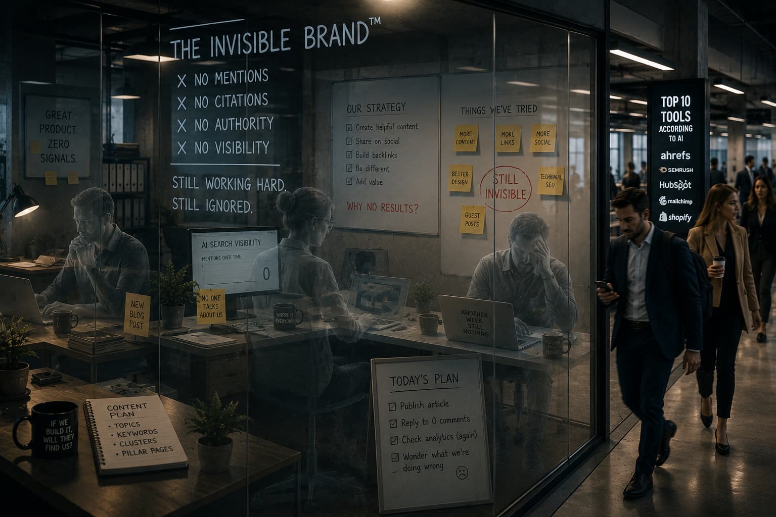 Ghostly, translucent workers toiling in a glass office labelled “The Invisible Brand” with no mentions and zero AI visibility, ignored as commuters pass a “Top 10 tools according to AI” list