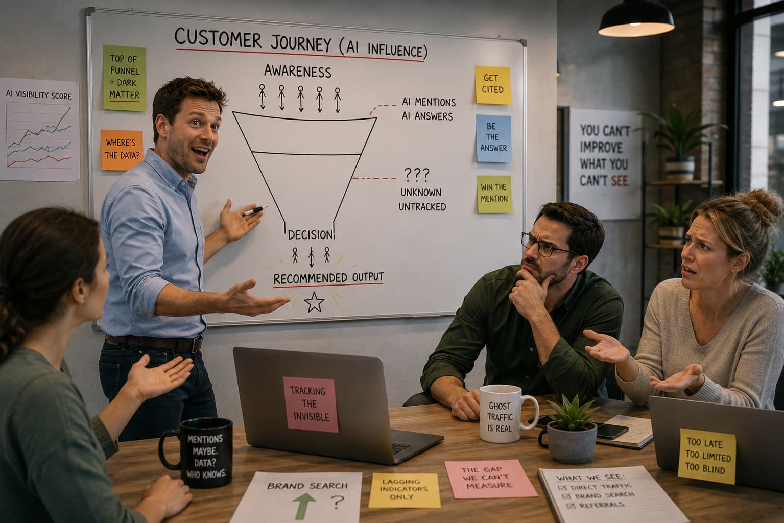 A whiteboard funnel titled “Customer Journey (AI influence)” with its middle stage marked unknown and untracked, as a team debates the gap they can’t measure