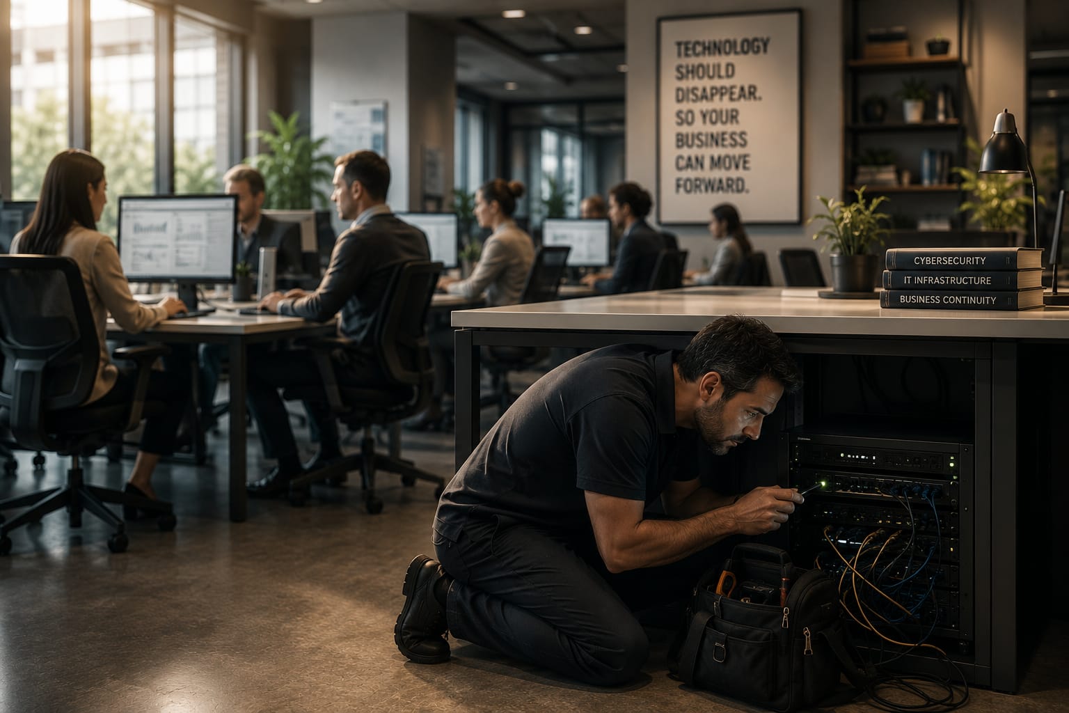An IT technician quietly repairing a server rack under a desk while the office keeps working around him, beneath a wall sign about technology disappearing