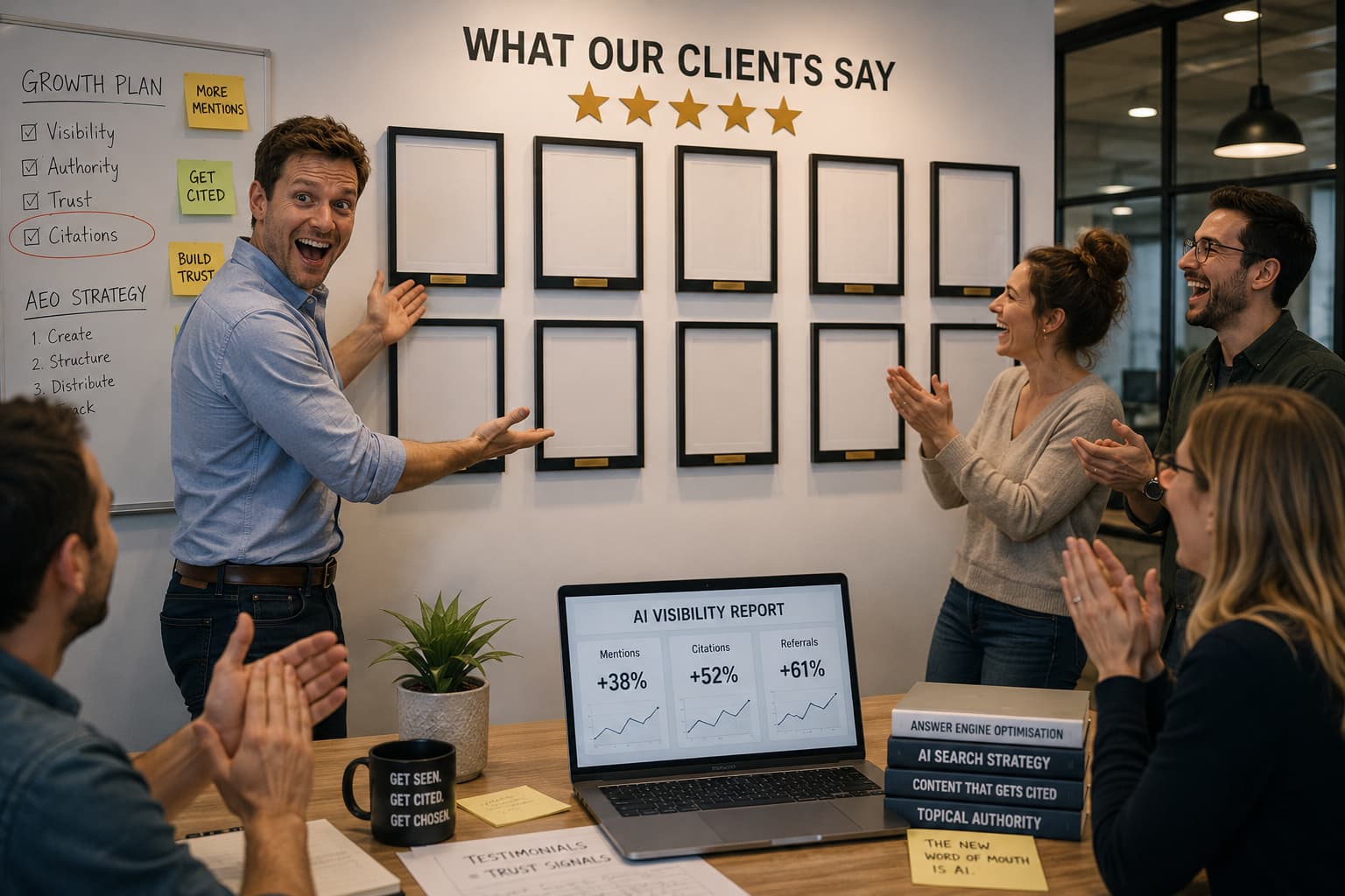 A laptop shows an “AI Visibility Report” with mentions up 38%, citations up 52% and referrals up 61%, set in front of a wall of empty client-testimonial frames