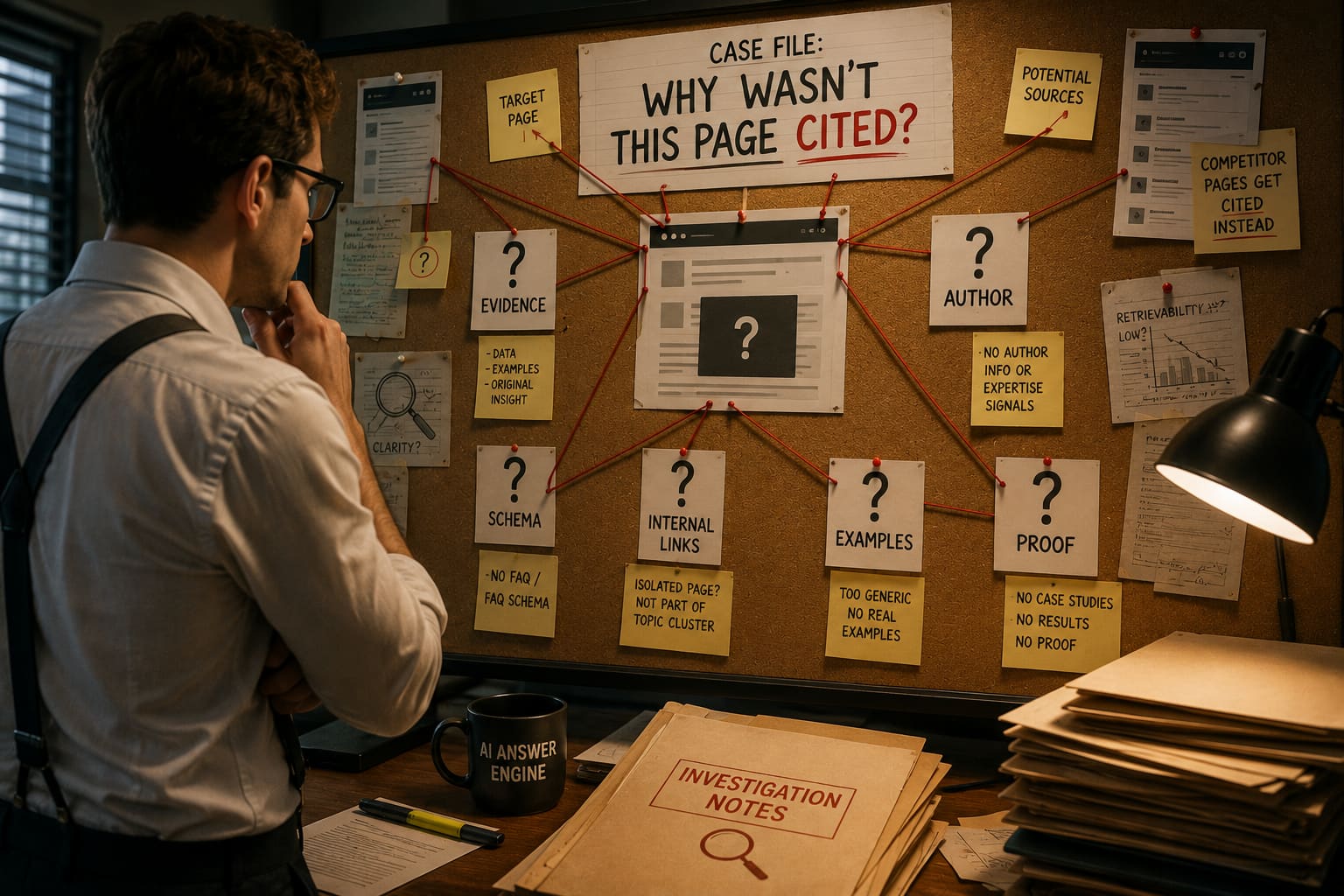 A detective studies a corkboard headed “Why wasn’t this page cited”, with red string linking missing evidence, author and schema clues while competitor pages get cited instead