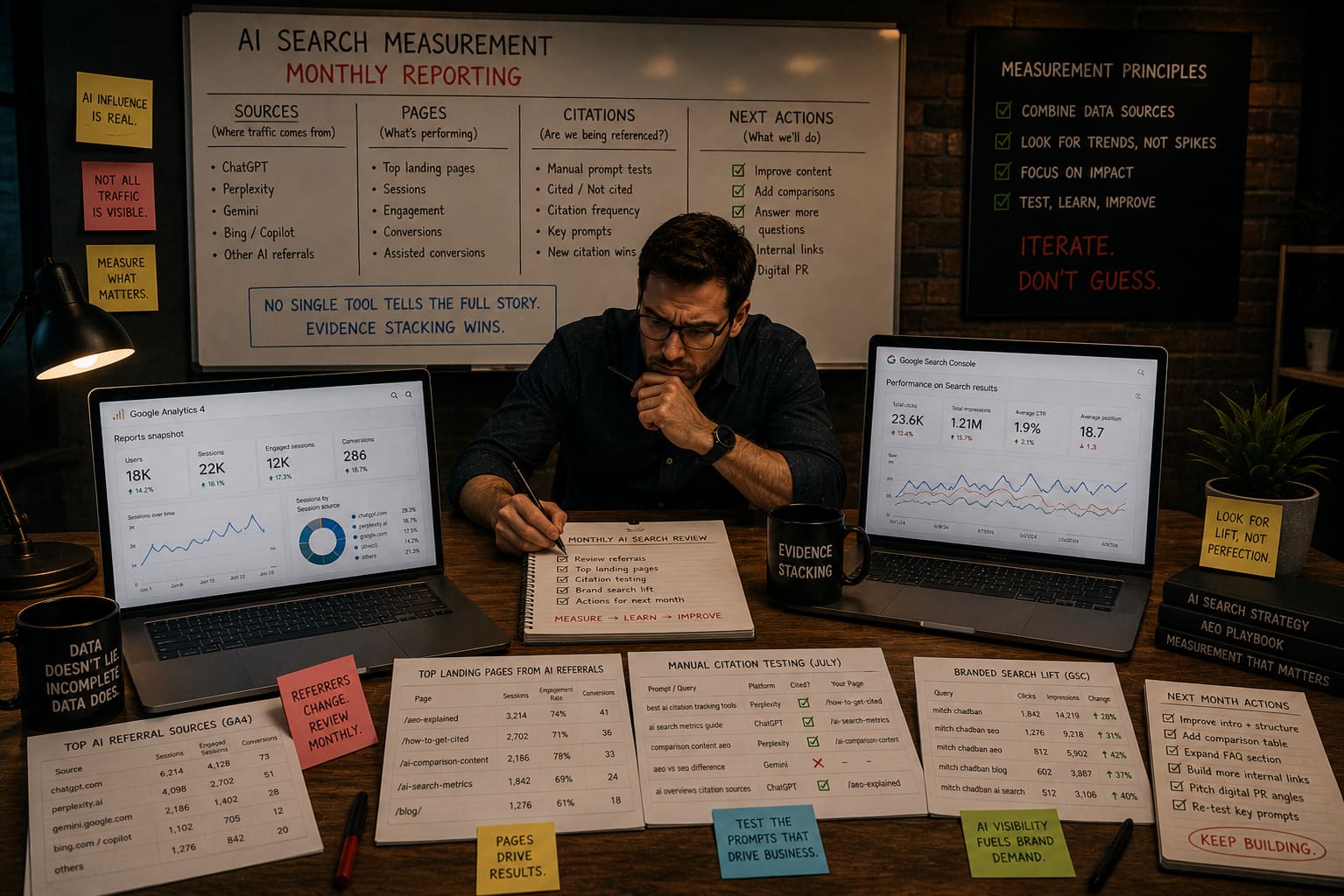 A desk covered with a monthly AI search review: referral sources, top landing pages, manual citation tests and branded search lift