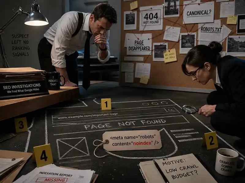 Detective-style desk with a single smoking gun labelled noindex beside a dead webpage outline
