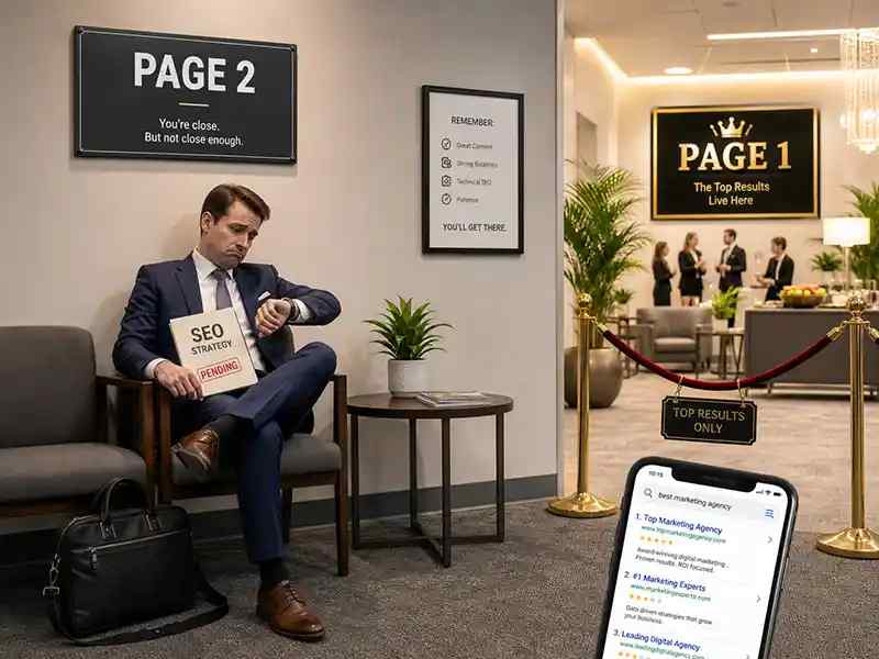 A sad business person sitting in a sterile office waiting room under a sign that says “Page 2” while “Page 1” is visible behind a velvet rope