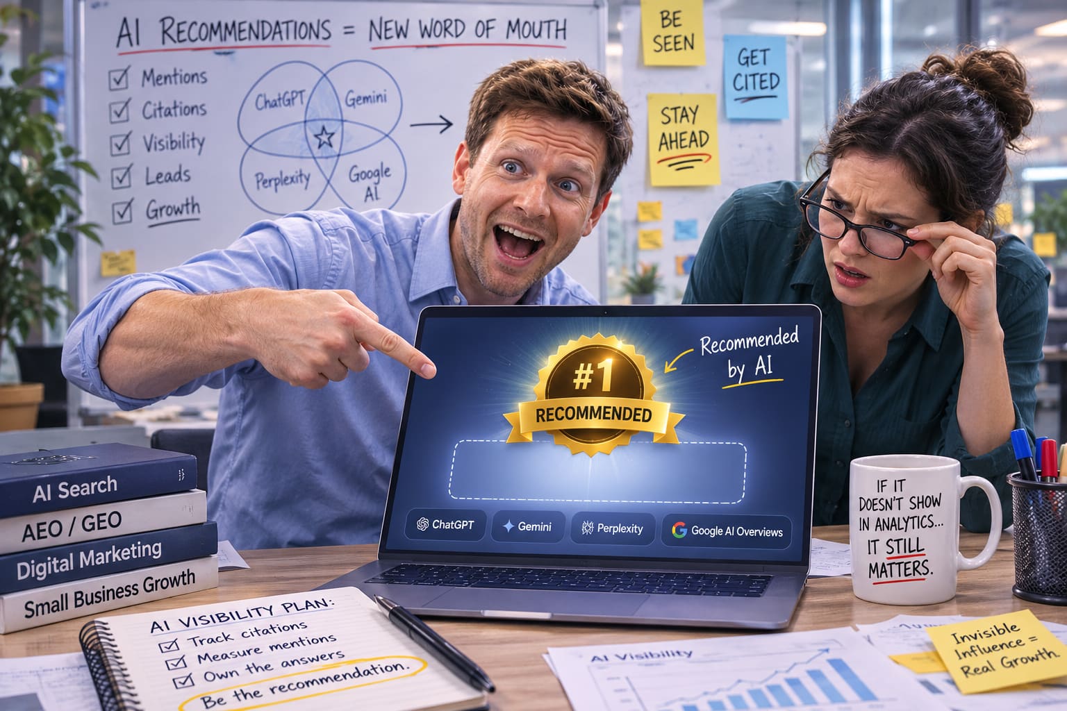 A laptop displays a “#1 Recommended by AI” badge above logos for ChatGPT, Gemini, Perplexity and Google AI Overviews, as one person points excitedly and another looks skeptical