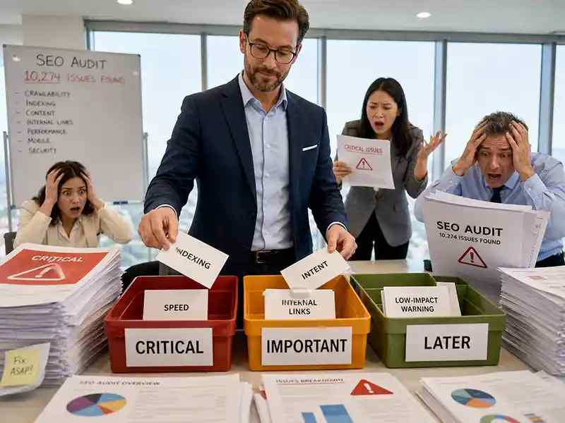 Consultant putting SEO issues into three magical buckets: Critical, Important, Later