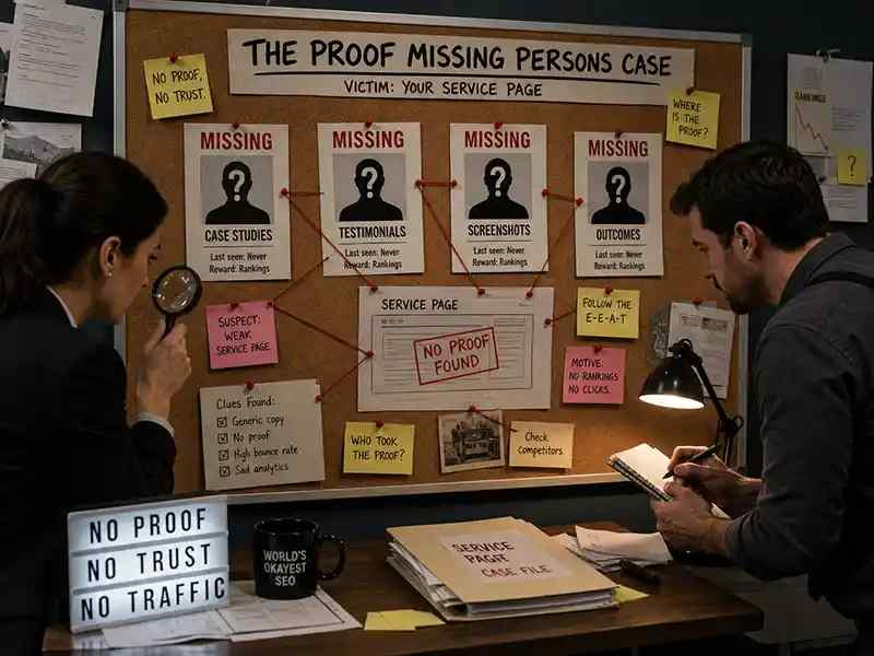 Detective wall with missing posters for “Case Studies”, “Testimonials”, “Screenshots”, “Outcomes”