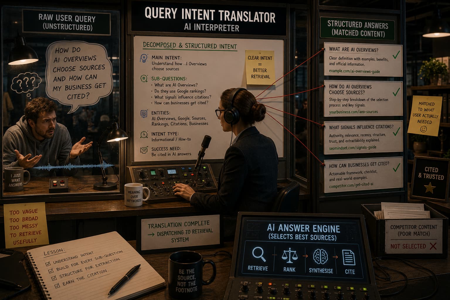 An interpreter at a broadcast desk turning a caller’s messy spoken question into a neat list of structured sub-questions, each matched to an answer card