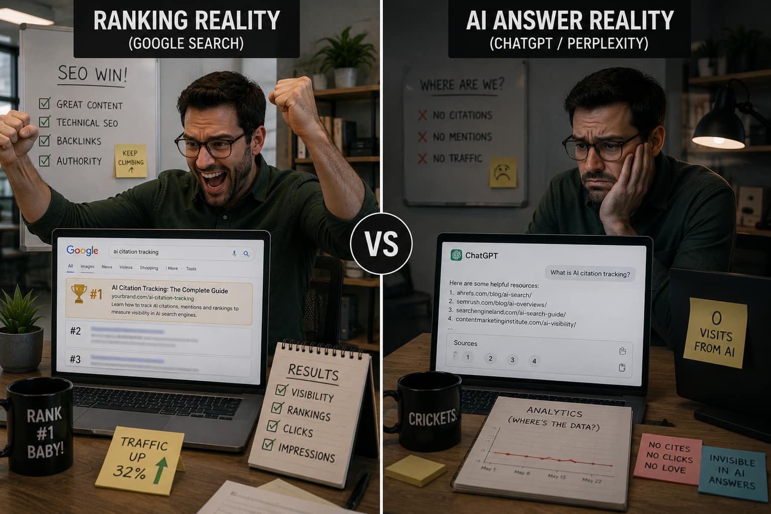A split screen contrasting a marketer celebrating a number-one Google ranking against the same person dejected by zero visits from AI answers
