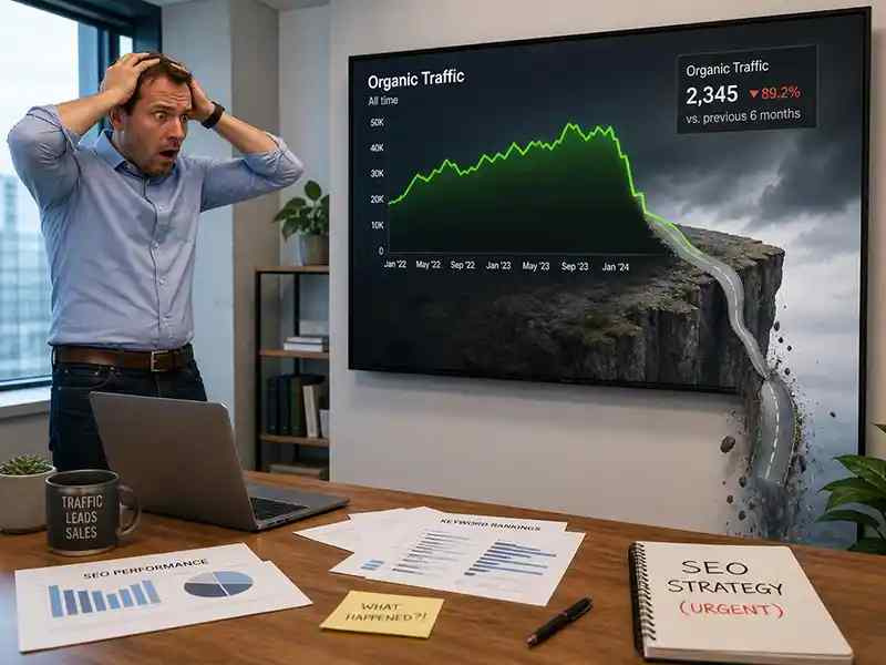 A business person watching a green traffic graph drive off a literal cliff on a big office screen