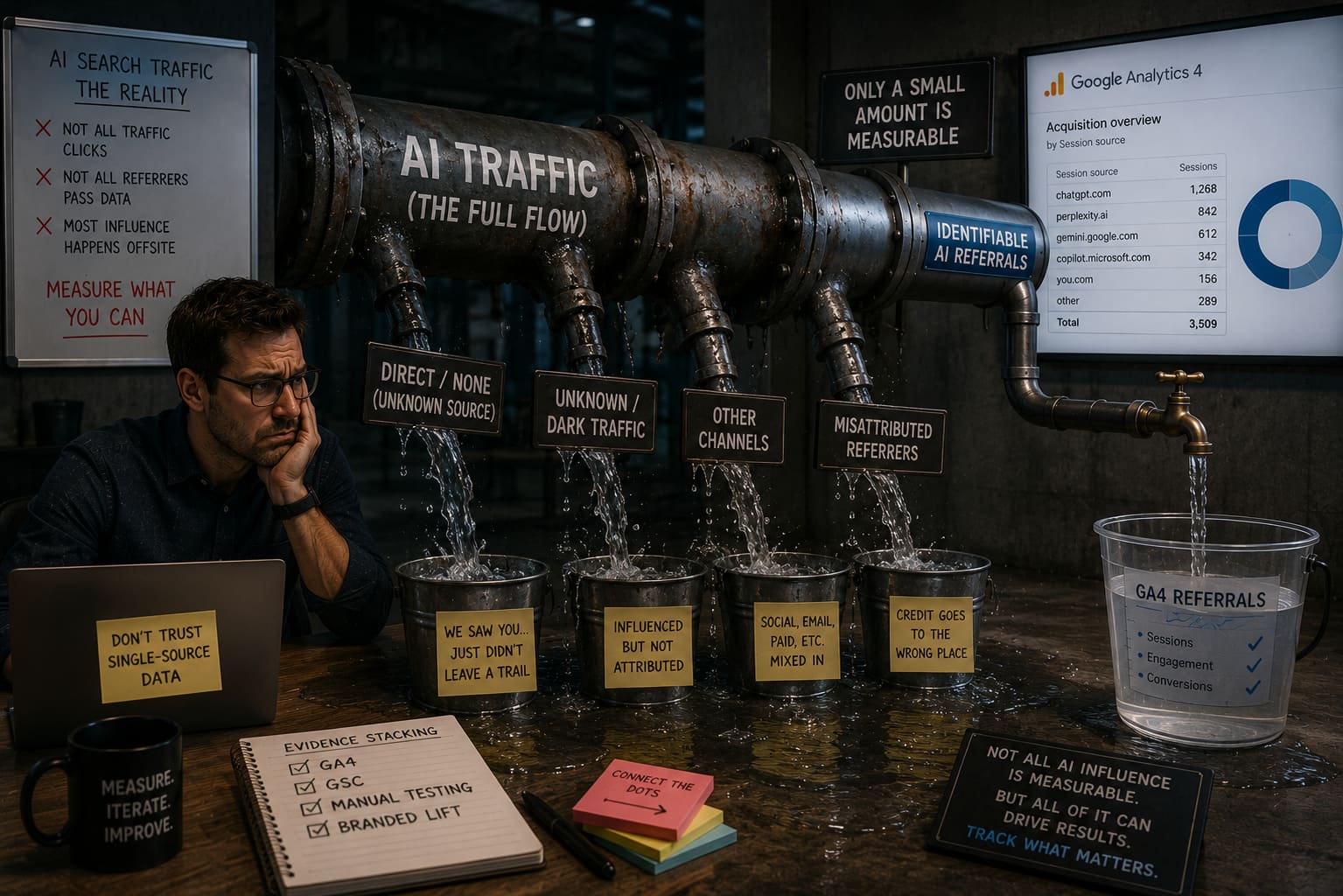 An “AI traffic” pipe leaking into buckets for direct, dark and misattributed sources while only identifiable AI referrals reach the GA4 bucket
