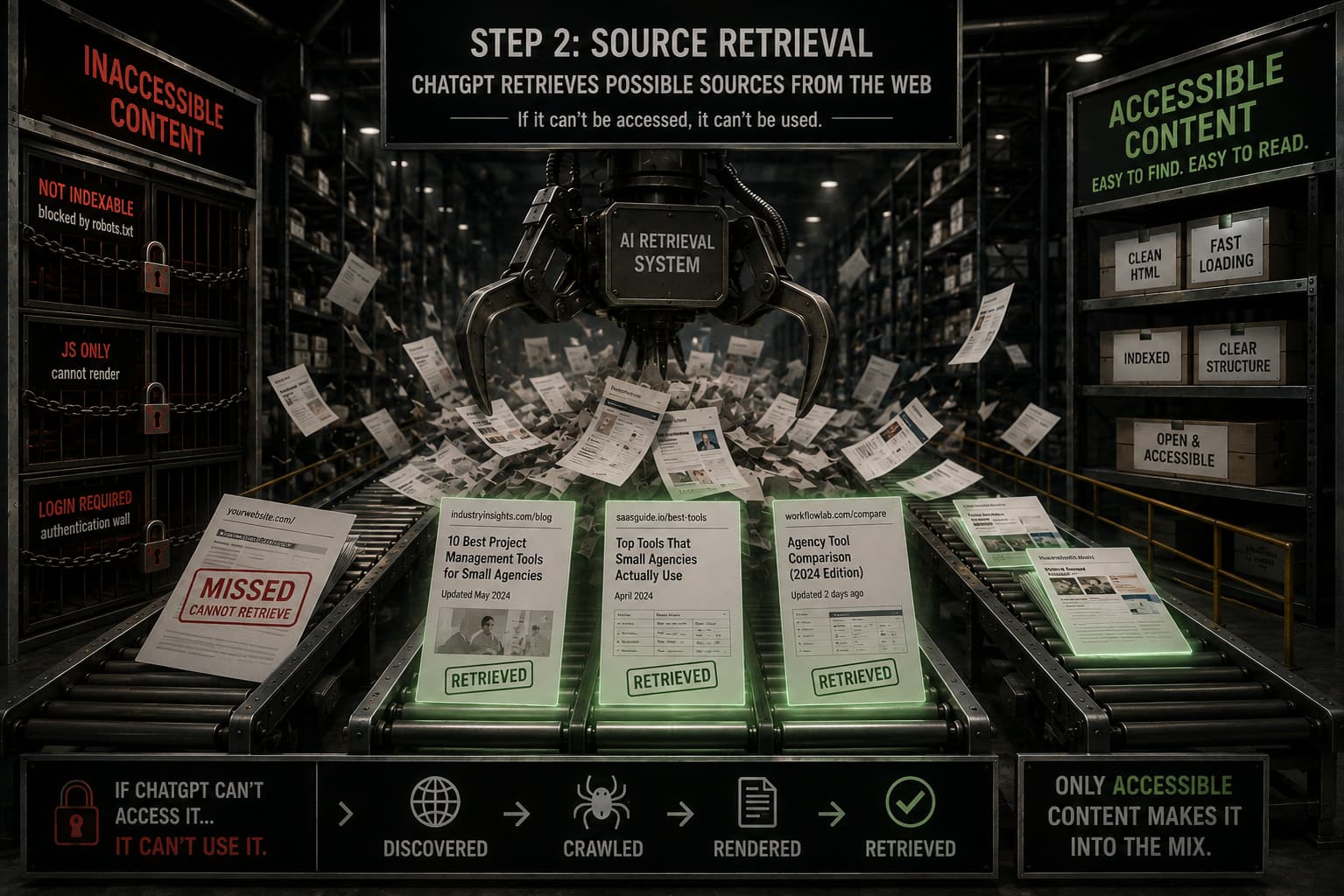 A robotic claw lifts web pages from a chaotic pile onto conveyor belts, separating blocked, inaccessible content from accessible pages stamped Retrieved
