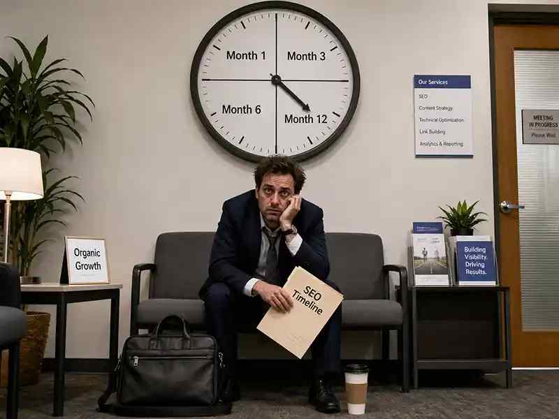 Business owner sitting under a huge clock labelled “Month 1, Month 3, Month 6, Month 12” looking increasingly haunted