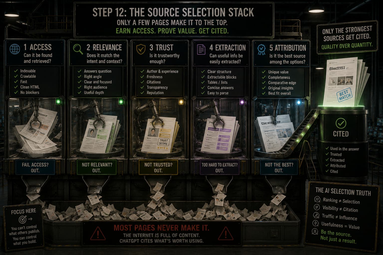 A five-stage industrial sorting machine labelled Access, Relevance, Trust, Extraction and Attribution, feeding a few web pages into a Cited bin while most drop away as rejects