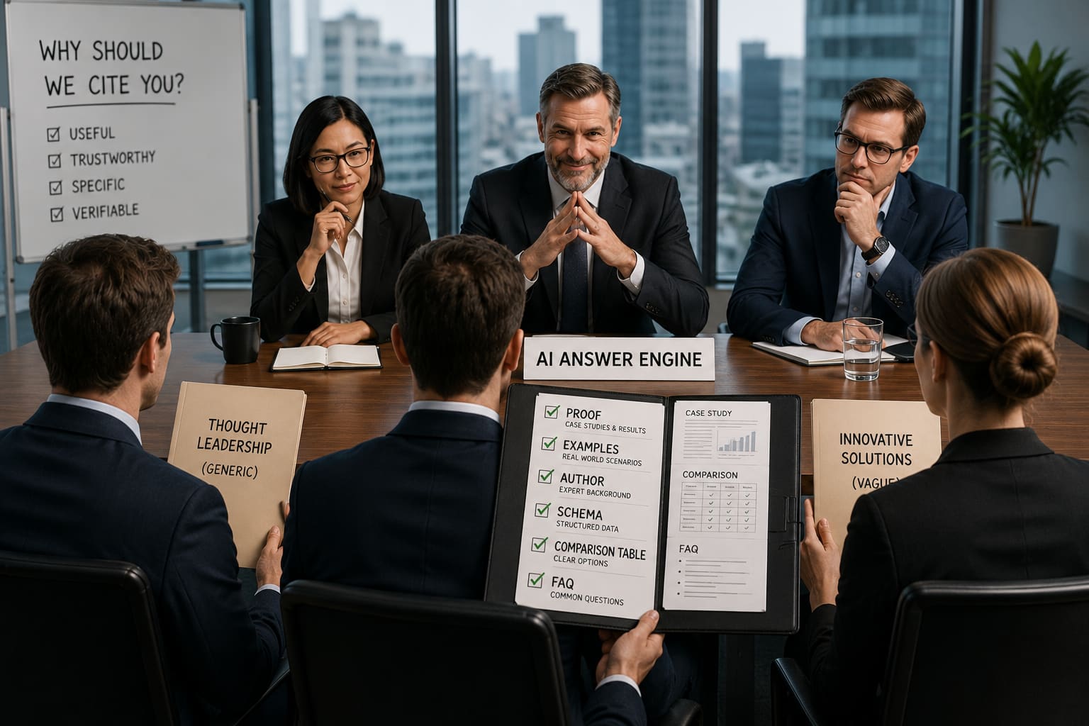 A panel labelled AI Answer Engine interviews a candidate whose folder shows proof, examples and author checks, under a board asking “Why should we cite you”