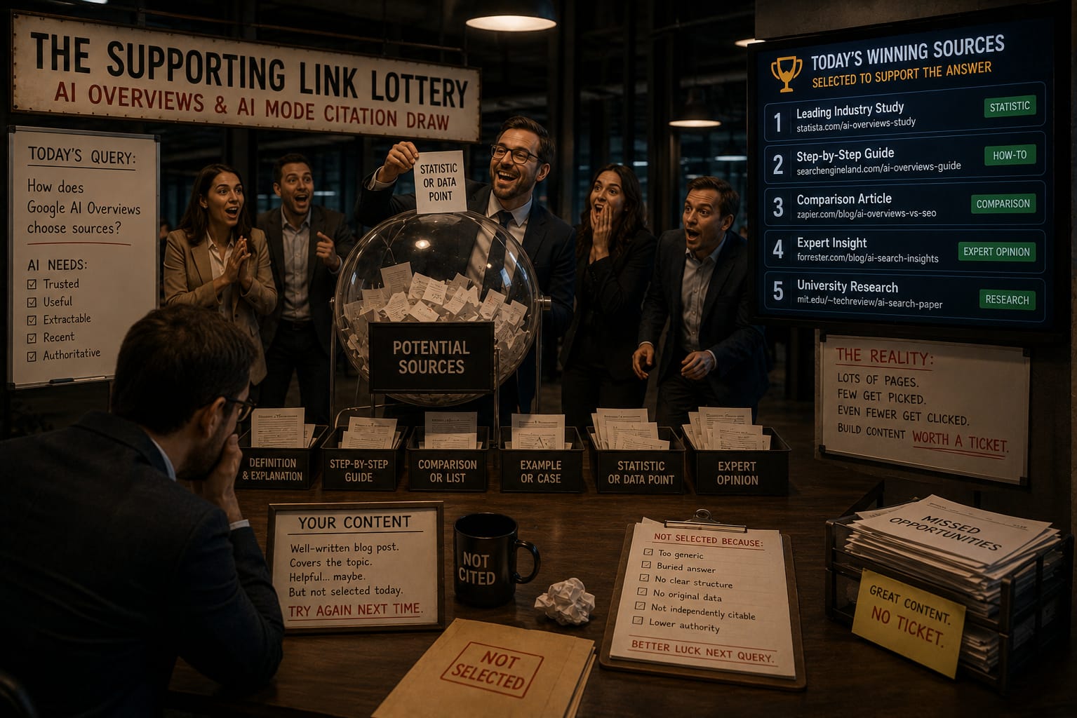 Office workers cheering around a lottery machine of paper slips labelled potential sources, with a winning-sources leaderboard on the screen behind them
