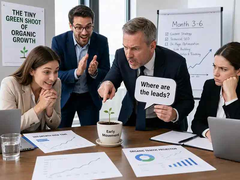 Corporate team gathered around a tiny plant labelled “Early Movement” while one person demands “Where are the leads?”