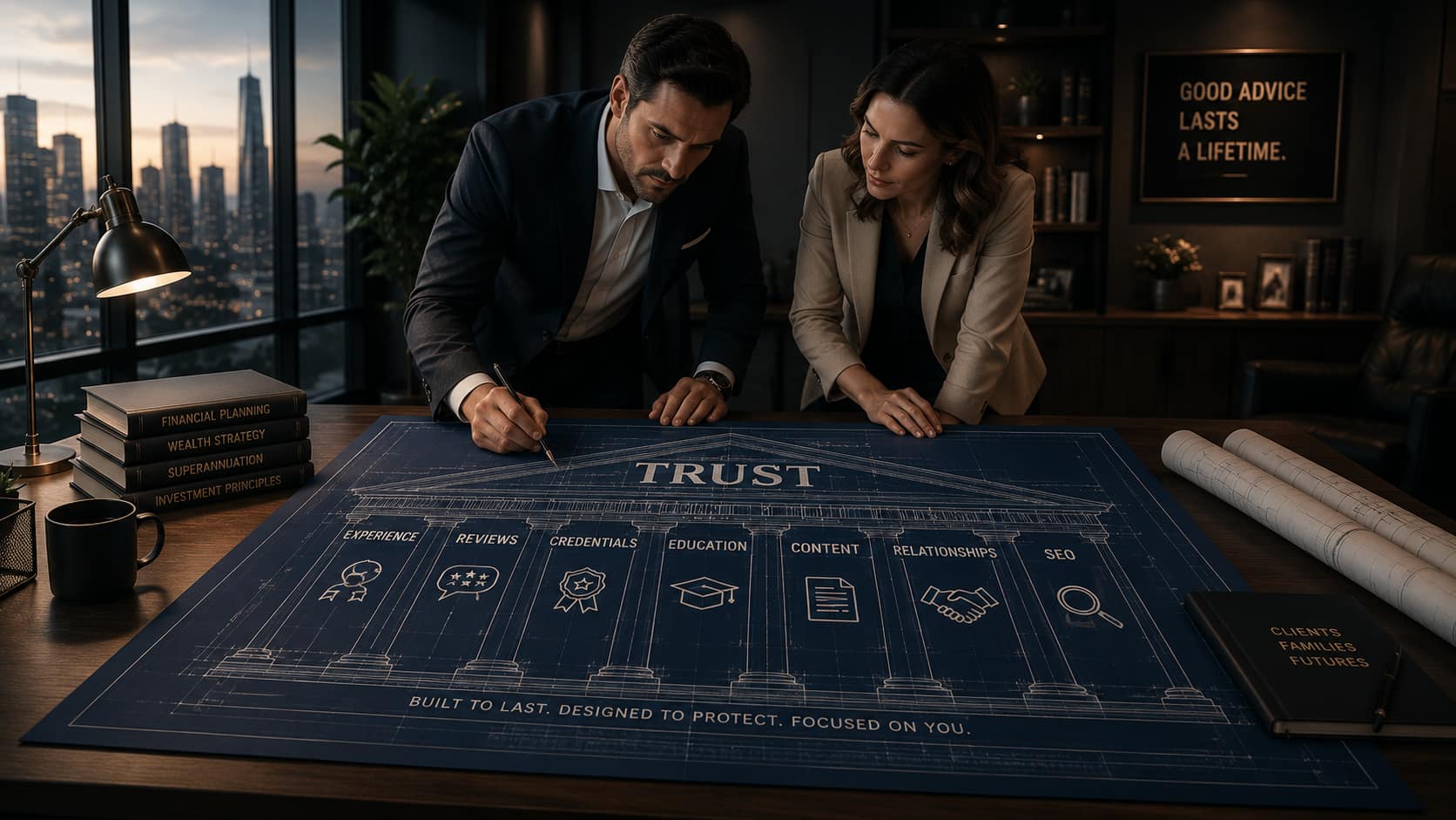 Two advisers study a large blueprint of a pillared temple labelled Trust, its columns marked experience, reviews, credentials, education, content, relationships and SEO