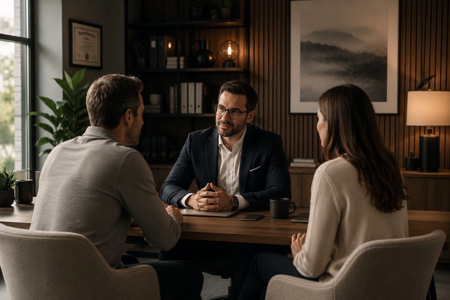 A financial adviser talks with a couple across a desk in a warm, calm office during a first consultation